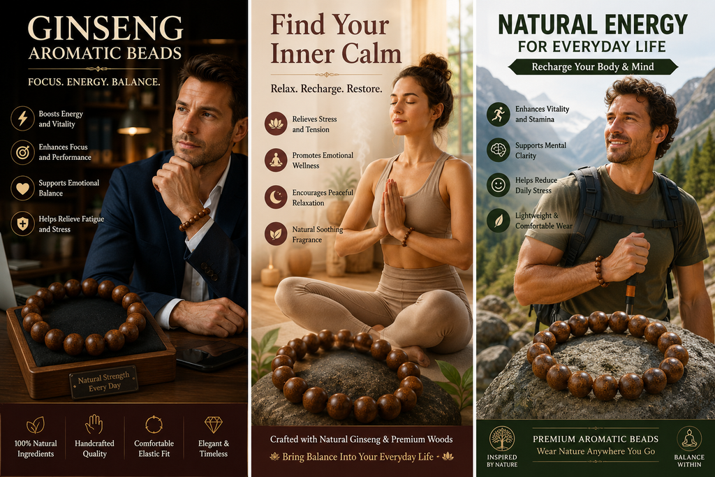 Ginseng He Xiang Zhu Bracelet | Handmade Chinese Herbal Aroma Beads for Energy & Emotional Balance