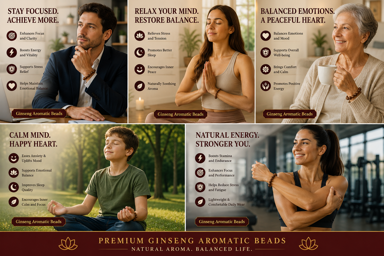 Ginseng He Xiang Zhu Bracelet | Handmade Chinese Herbal Aroma Beads for Energy & Emotional Balance