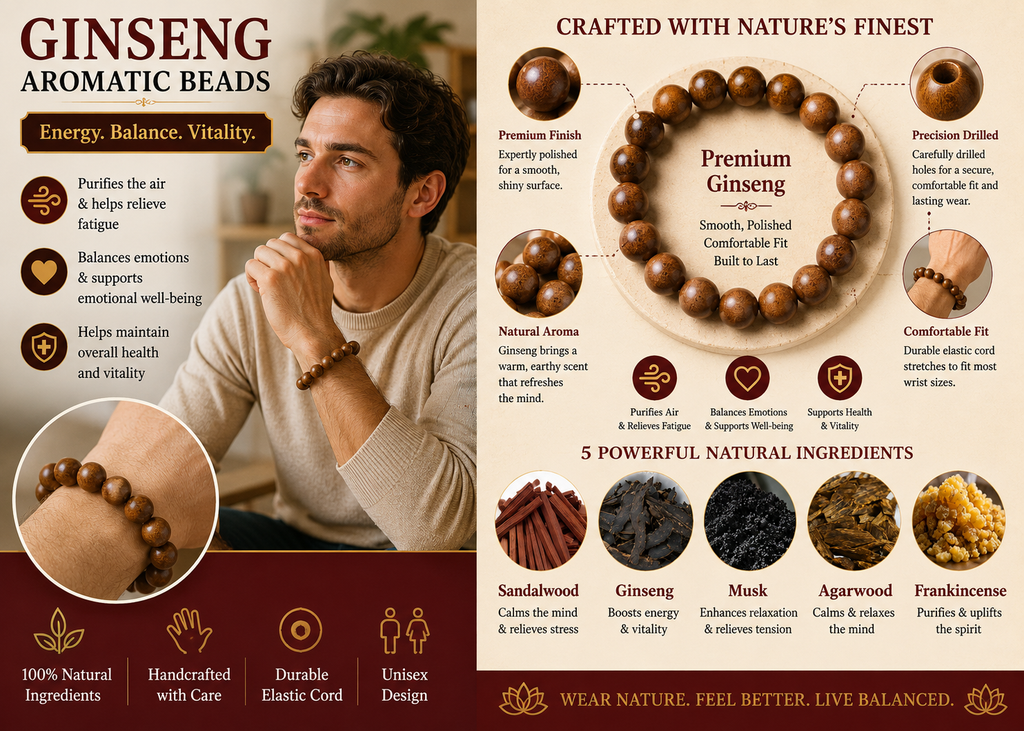 Ginseng He Xiang Zhu Bracelet | Handmade Chinese Herbal Aroma Beads for Energy & Emotional Balance